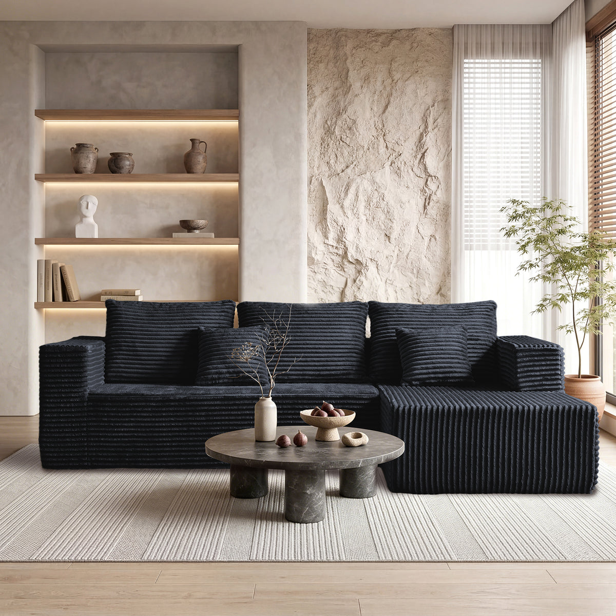 [Black] corduroy L-shaped sectional sofa in modern living room