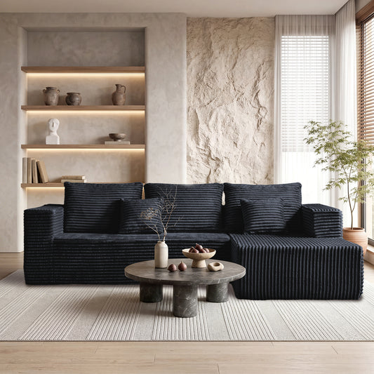 [Black] corduroy L-shaped sectional sofa in modern living room