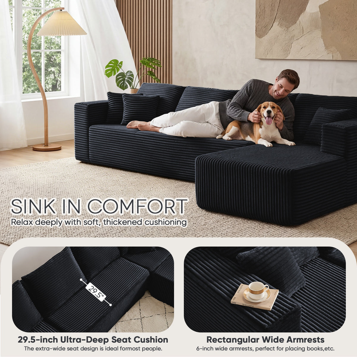 [Black] corduroy sectional with 29.5-inch deep seat cushions and 6-inch wide armrests