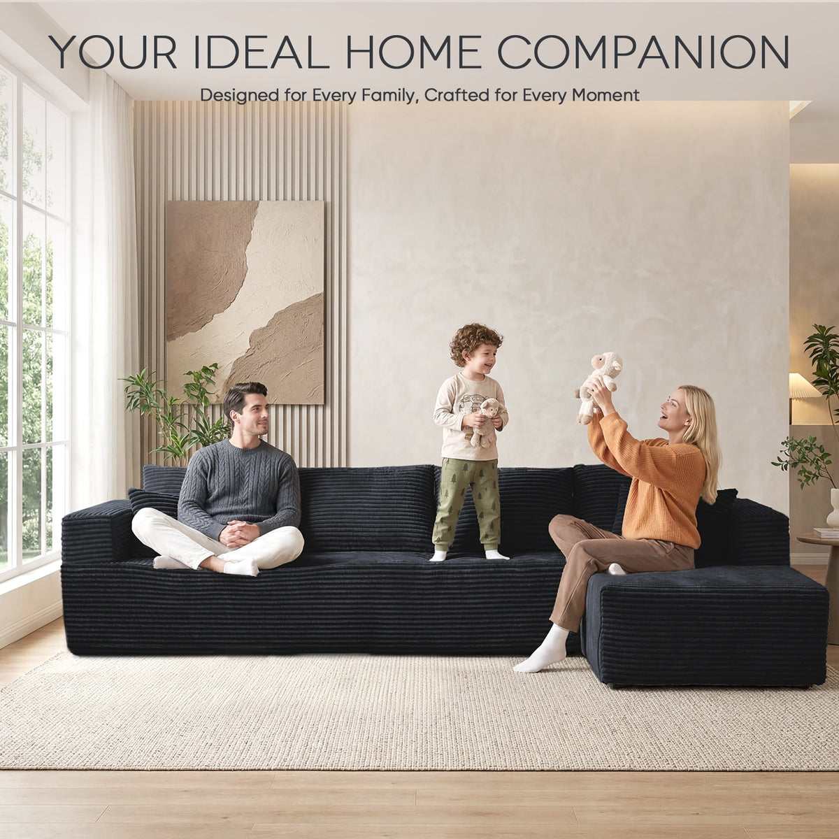 [Black] corduroy L-shaped sectional sofa with modular design, seats up to four