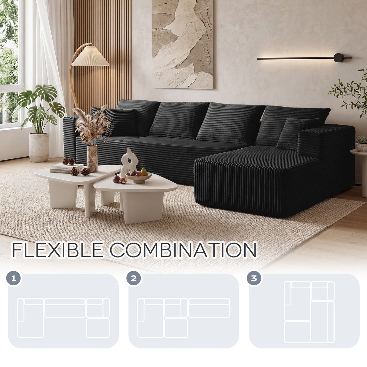 [Black] modular sectional sofa — three flexible layout configurations
