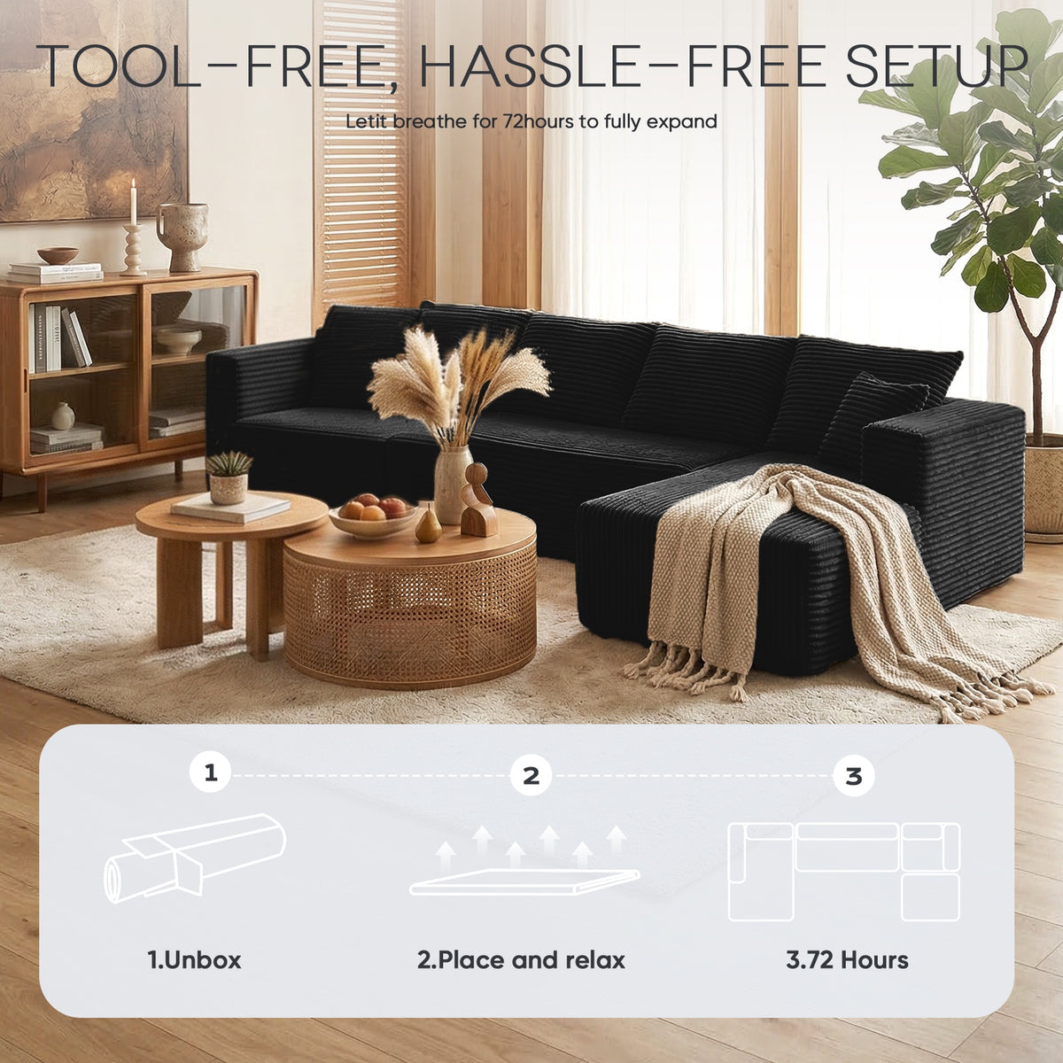 [Black] corduroy sectional sofa — vacuum-compressed, 3-step tool-free setup