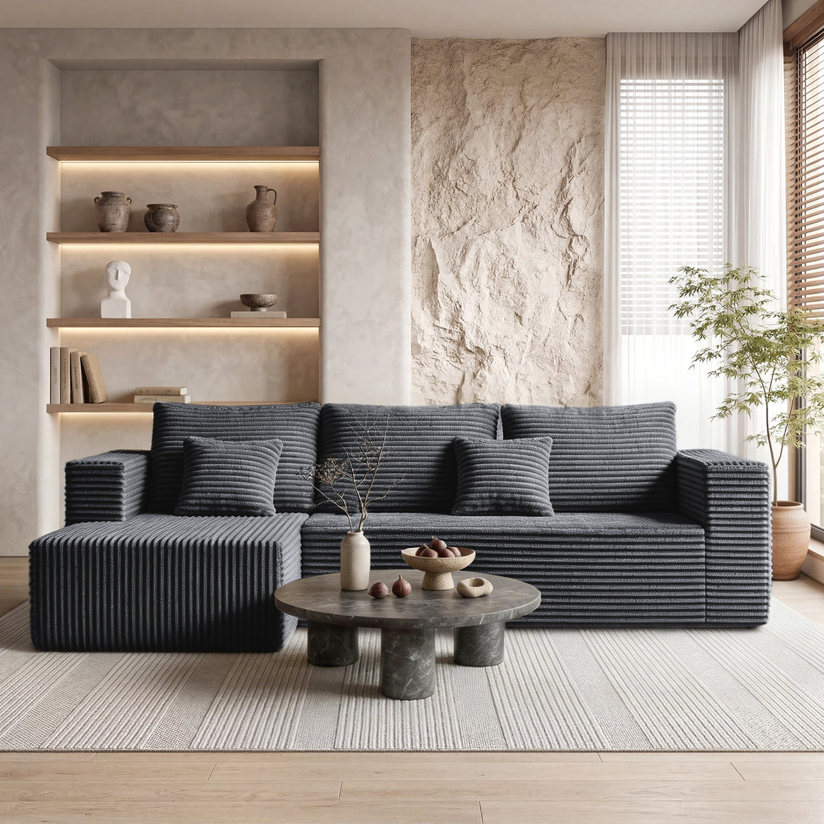 [Gray] corduroy L-shaped sectional sofa in modern living room