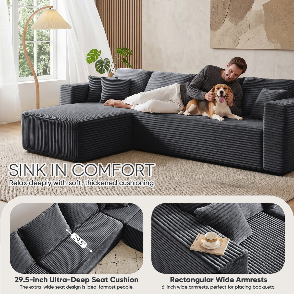[Gray] corduroy sectional with 29.5-inch deep seat cushions and 6-inch wide armrests