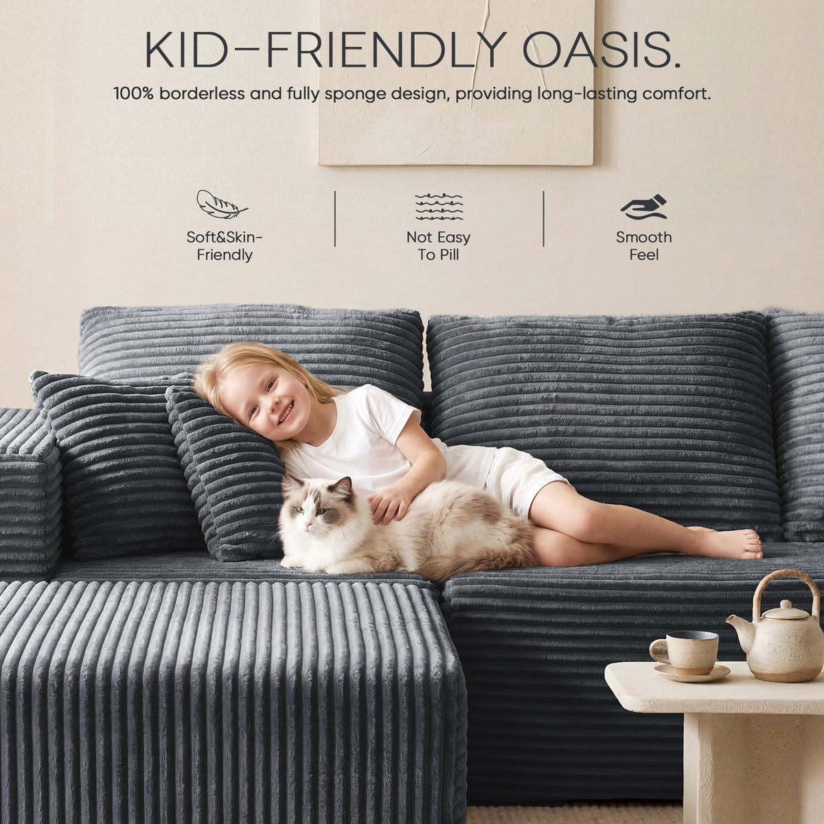 [Gray] corduroy sectional sofa — skin-friendly, pill-resistant, smooth fabric
