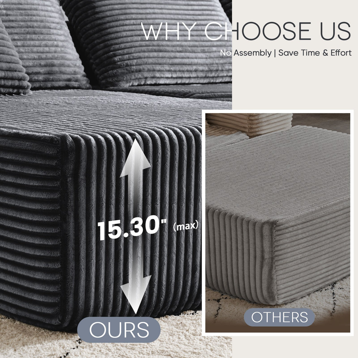 [Gray] sectional sofa seat height 15.3 inches — no assembly required