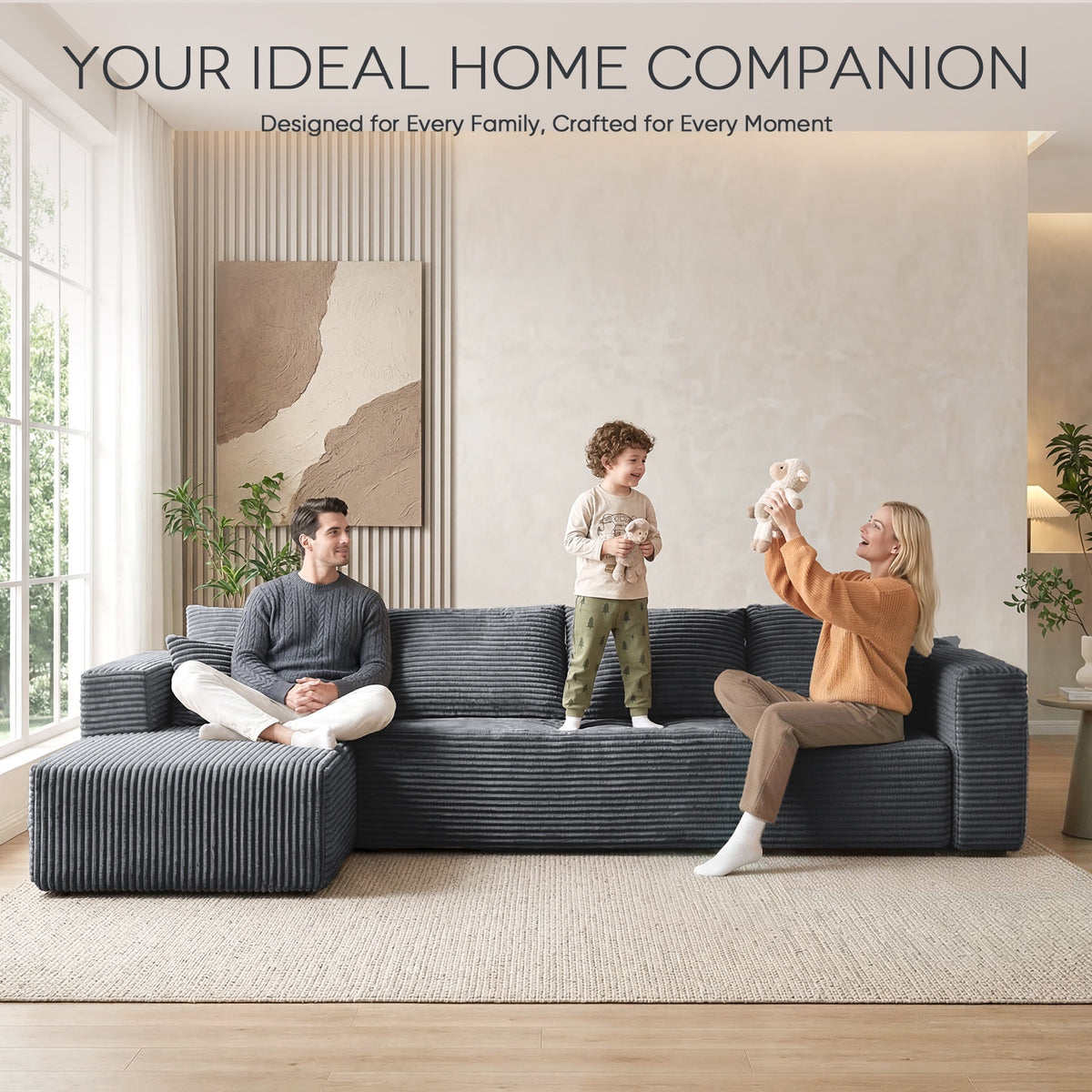 [Gray] corduroy L-shaped sectional sofa with modular design, seats up to four