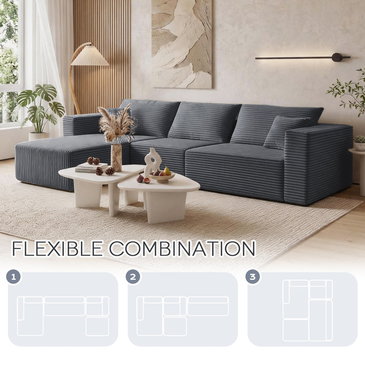 [Gray] modular sectional sofa — three flexible layout configurations