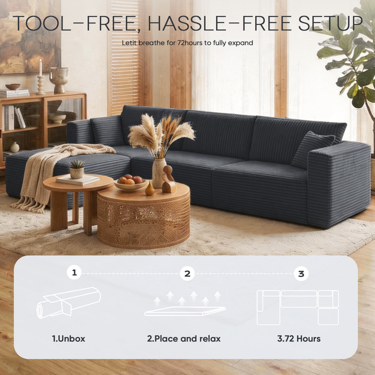 [Gray] corduroy sectional sofa — vacuum-compressed, 3-step tool-free setup