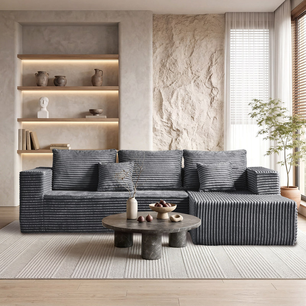 [Gray] corduroy L-shaped sectional sofa in modern living room