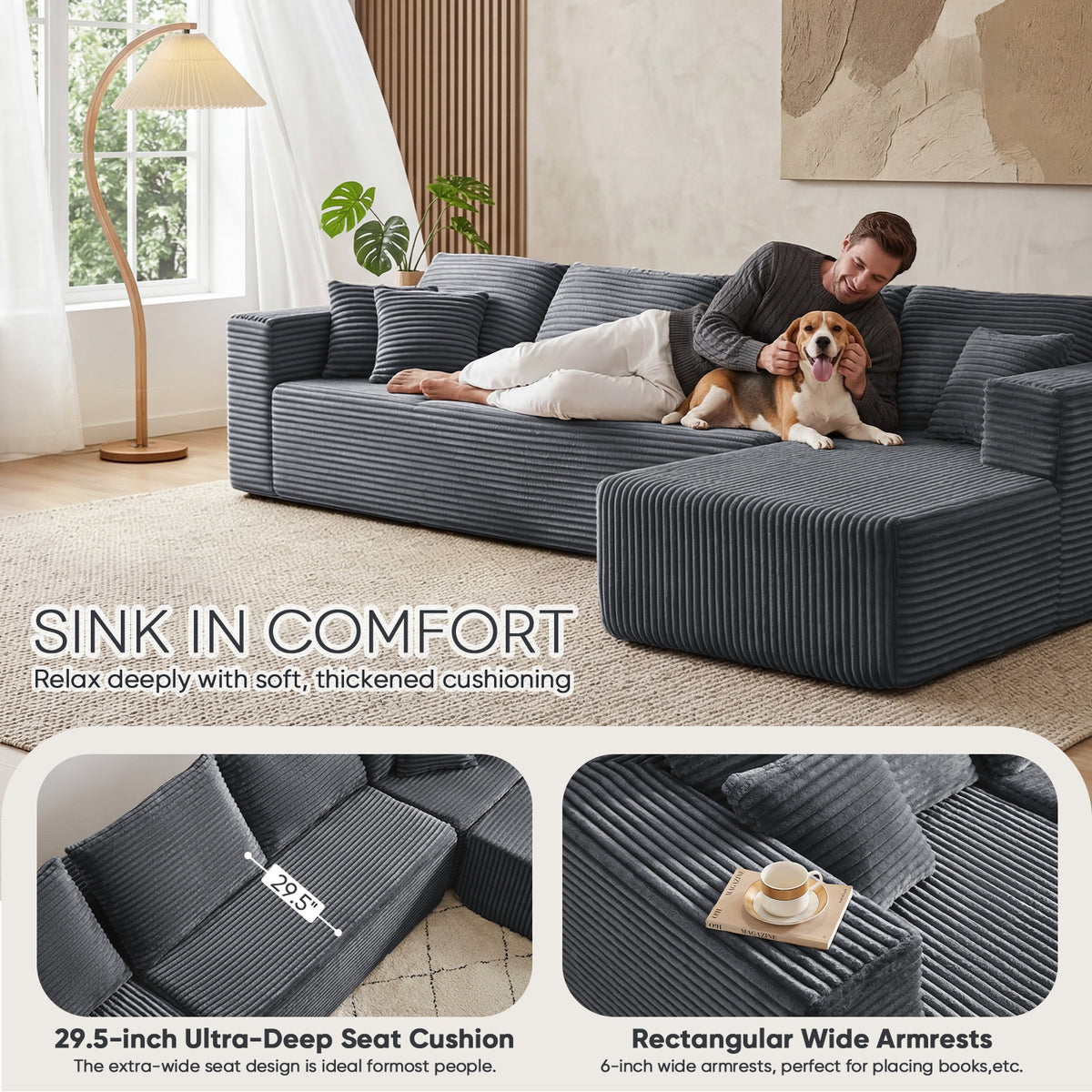[Gray] corduroy sectional with 29.5-inch deep seat cushions and 6-inch wide armrests