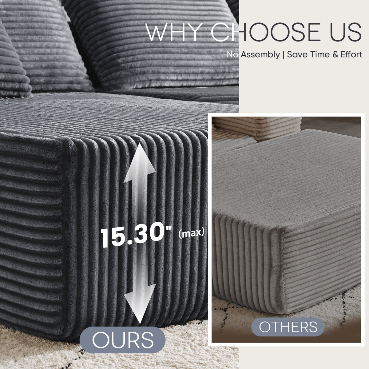 [Gray] sectional sofa seat height 15.3 inches — no assembly required