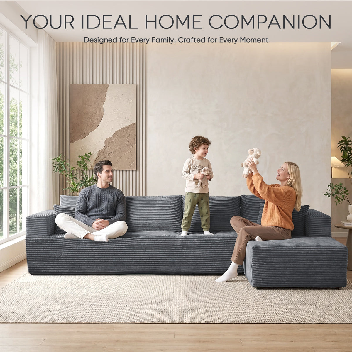 [Gray] corduroy L-shaped sectional sofa with modular design, seats up to four
