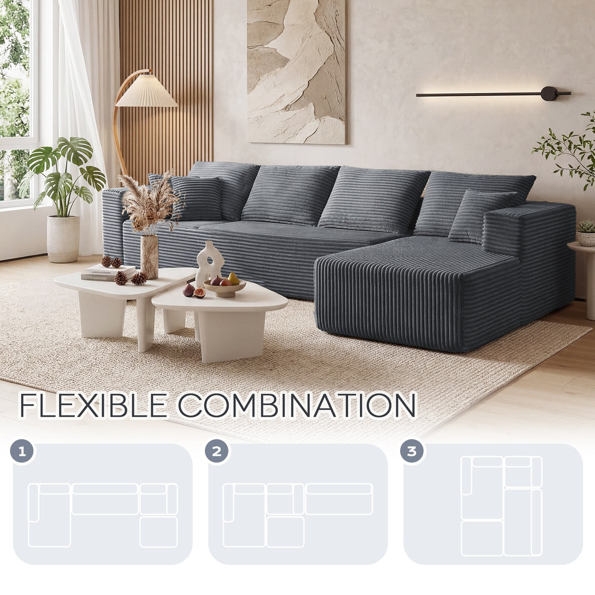 [Gray] modular sectional sofa — three flexible layout configurations
