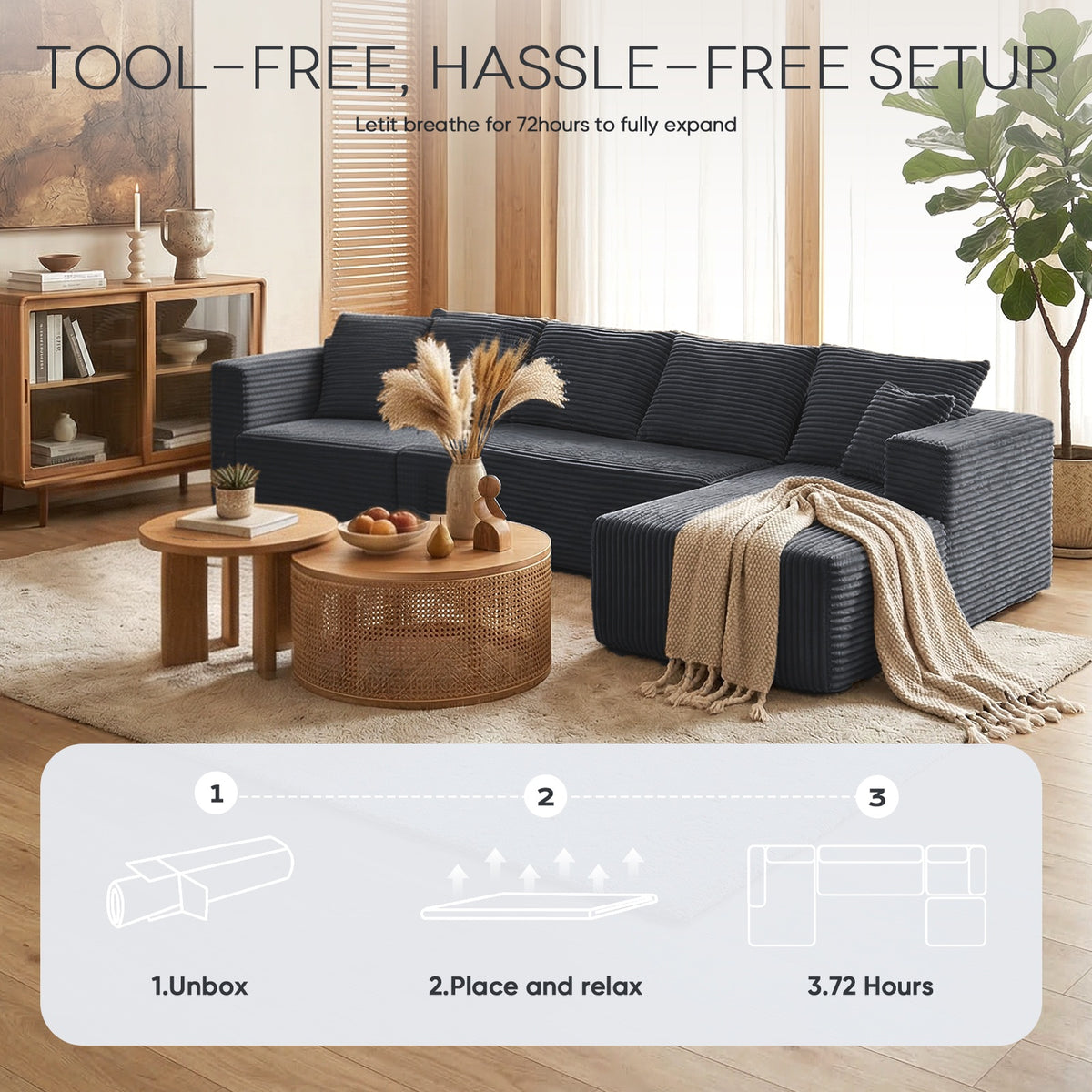[Gray] corduroy sectional sofa — vacuum-compressed, 3-step tool-free setup
