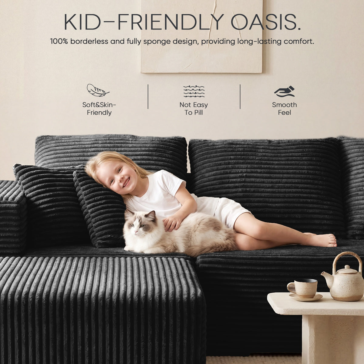 [Black] corduroy sectional sofa — skin-friendly, pill-resistant, smooth fabric