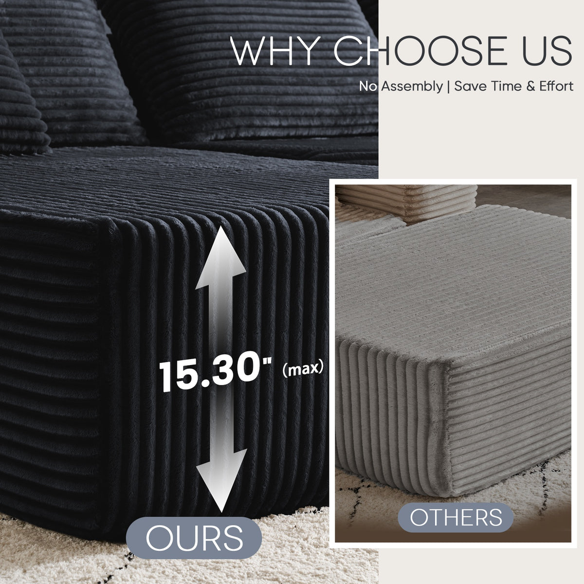 [Black] sectional sofa seat height 15.3 inches — no assembly required