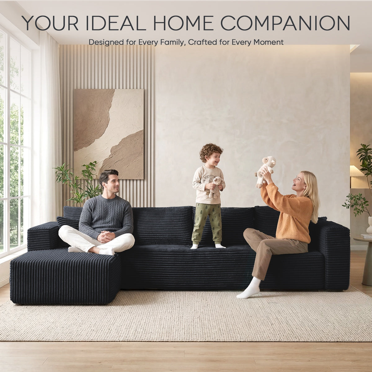 [Black] corduroy L-shaped sectional sofa with modular design, seats up to four