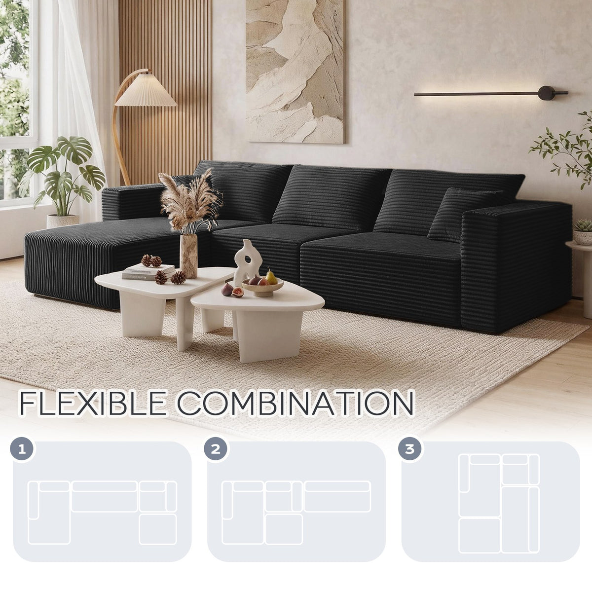[Black] modular sectional sofa — three flexible layout configurations