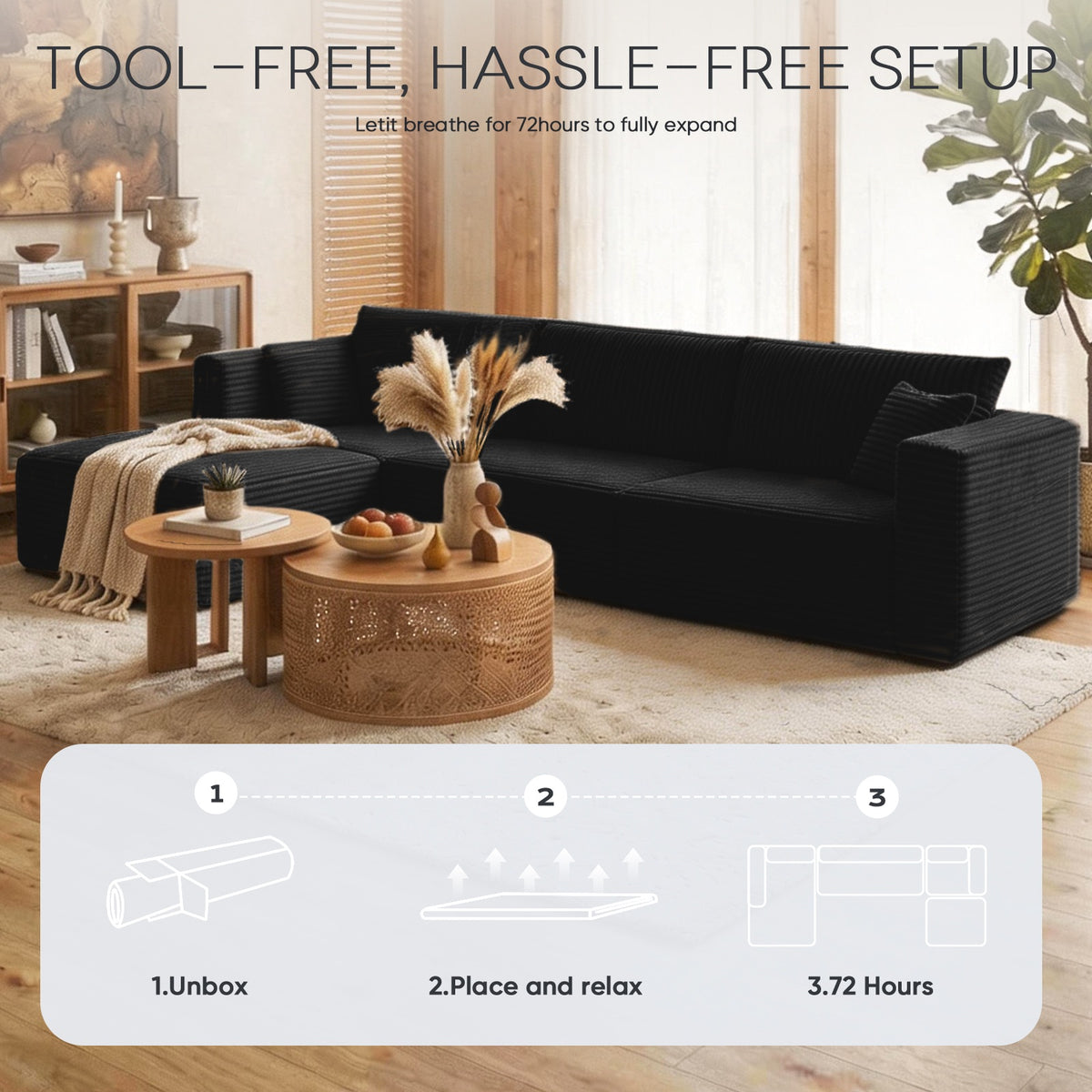 [Black] corduroy sectional sofa — vacuum-compressed, 3-step tool-free setup