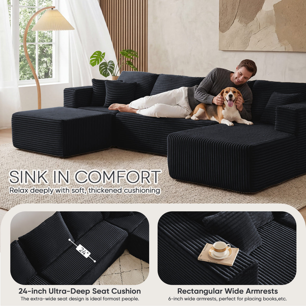 [Black] corduroy U-shaped sectional sofa — man lying on sofa with beagle dog, with detail callouts: 24-inch ultra-deep seat cushion and rectangular wide armrests