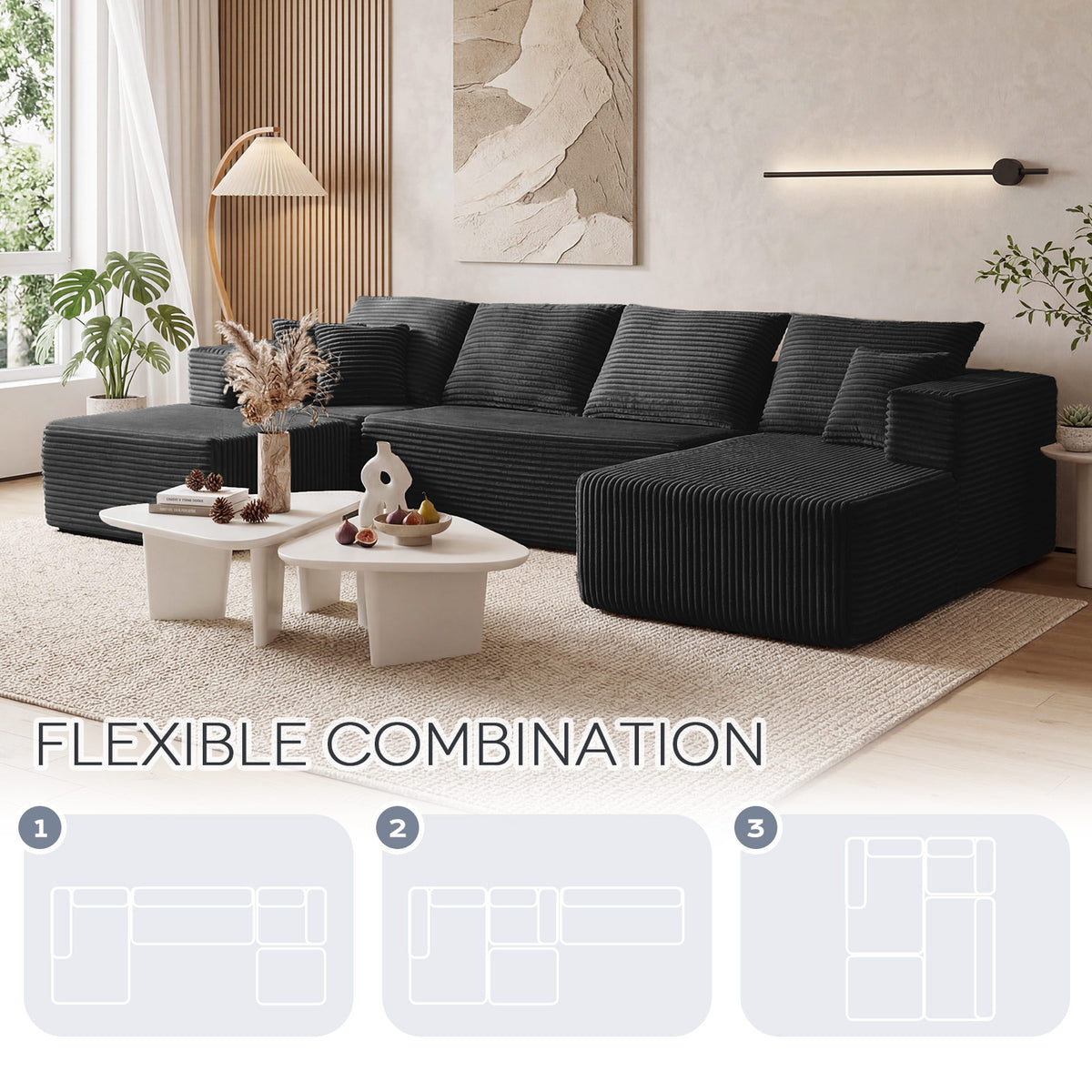 [Black] corduroy U-shaped sectional sofa — wide-angle living room shot with white sculptural coffee tables, demonstrating 3 flexible modular layout configurations (diagrams shown below)