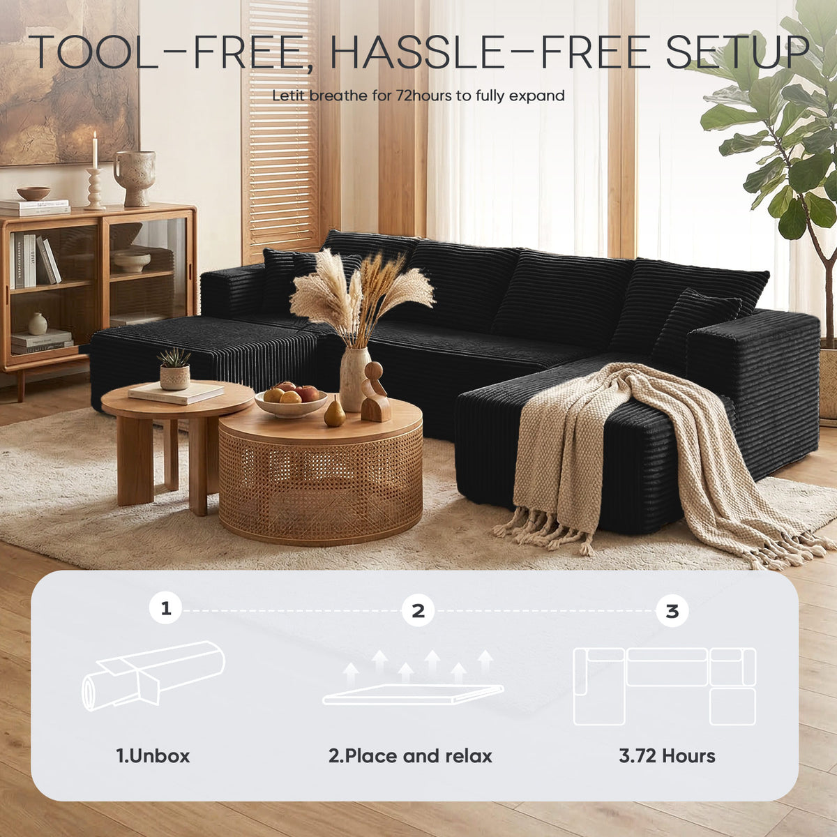 [Black] corduroy U-shaped sectional sofa — tool-free hassle-free setup infographic: unbox, place and relax, 72-hour expansion, styled with wooden coffee tables and throw blanket