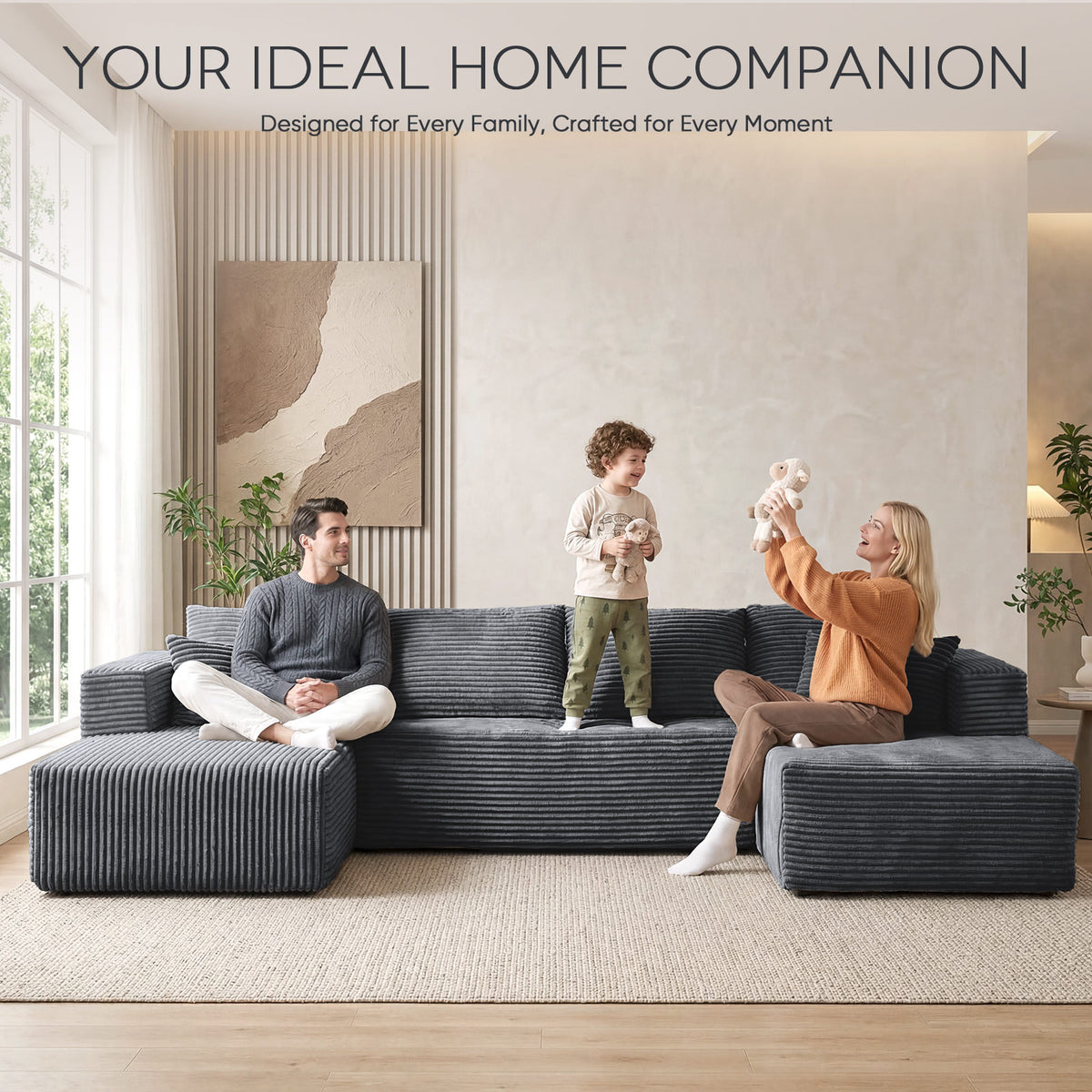 [Gray] corduroy U-shaped sectional sofa — family lifestyle scene with parents and toddler playing on sofa in bright sunlit living room, emphasizing spacious 5-6 person seating capacity