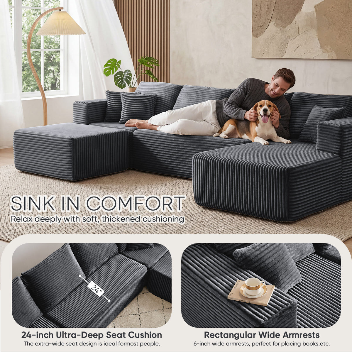 [Gray] corduroy U-shaped sectional sofa — man lying on sofa with beagle dog, with detail callouts: 24-inch ultra-deep seat cushion and rectangular wide armrests