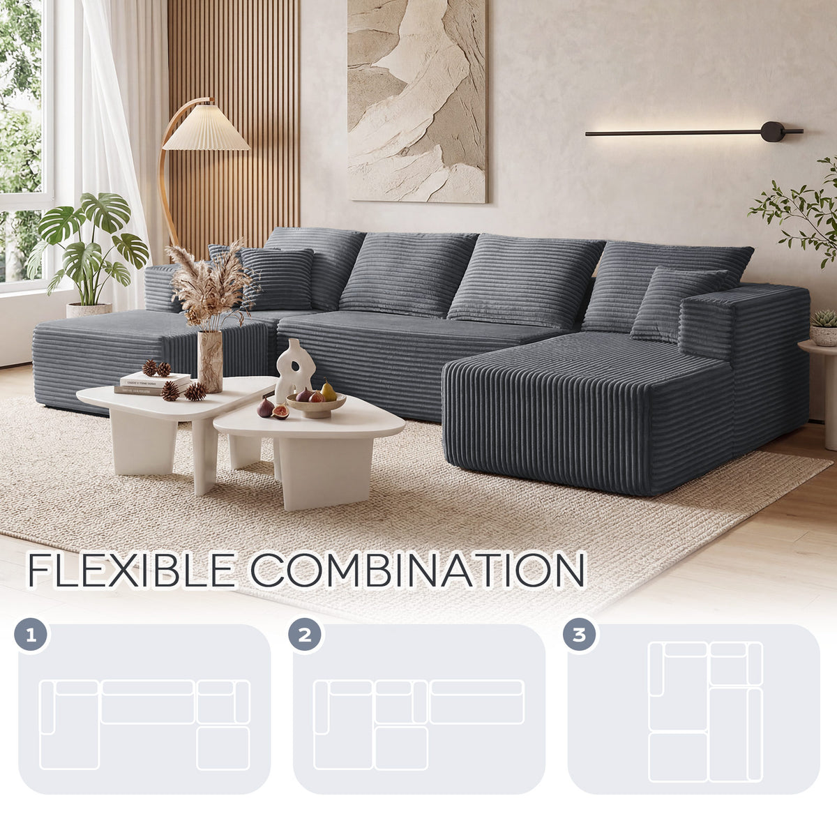[Gray] corduroy U-shaped sectional sofa — wide-angle living room shot with white sculptural coffee tables, demonstrating 3 flexible modular layout configurations (diagrams shown below)