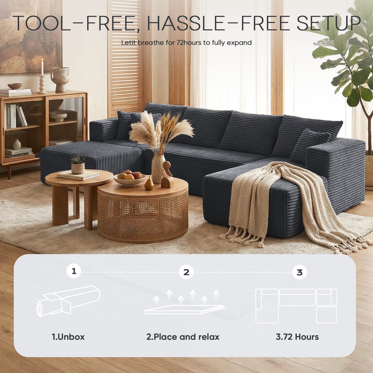 [Gray] corduroy U-shaped sectional sofa — tool-free hassle-free setup infographic: unbox, place and relax, 72-hour expansion, styled with wooden coffee tables and throw blanket