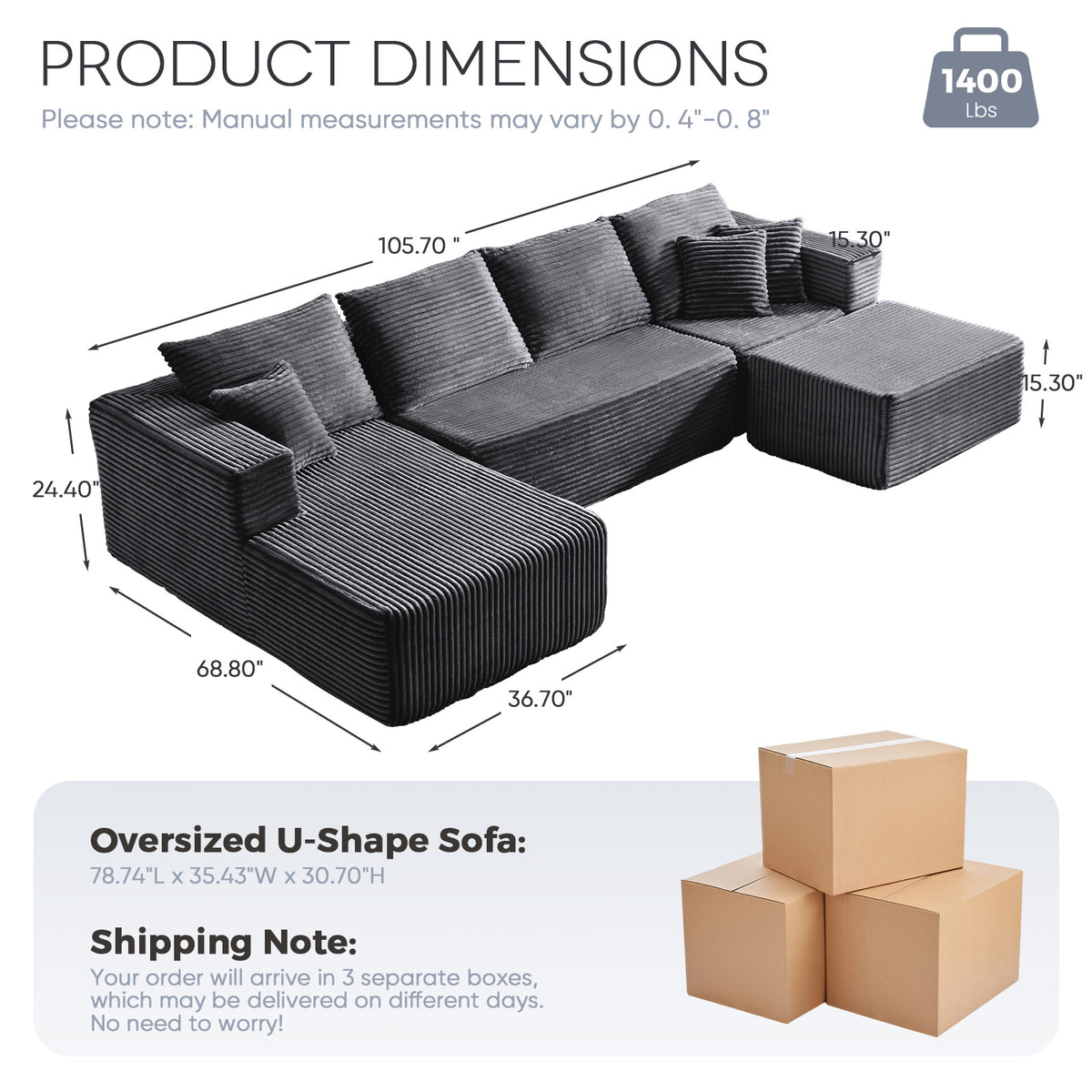[Gray] corduroy U-shaped sectional sofa — dimension diagram: 105.7"L × 68.8"W × 24.4"H, 1400 lbs total capacity, ships in 2 separate boxes with no assembly required