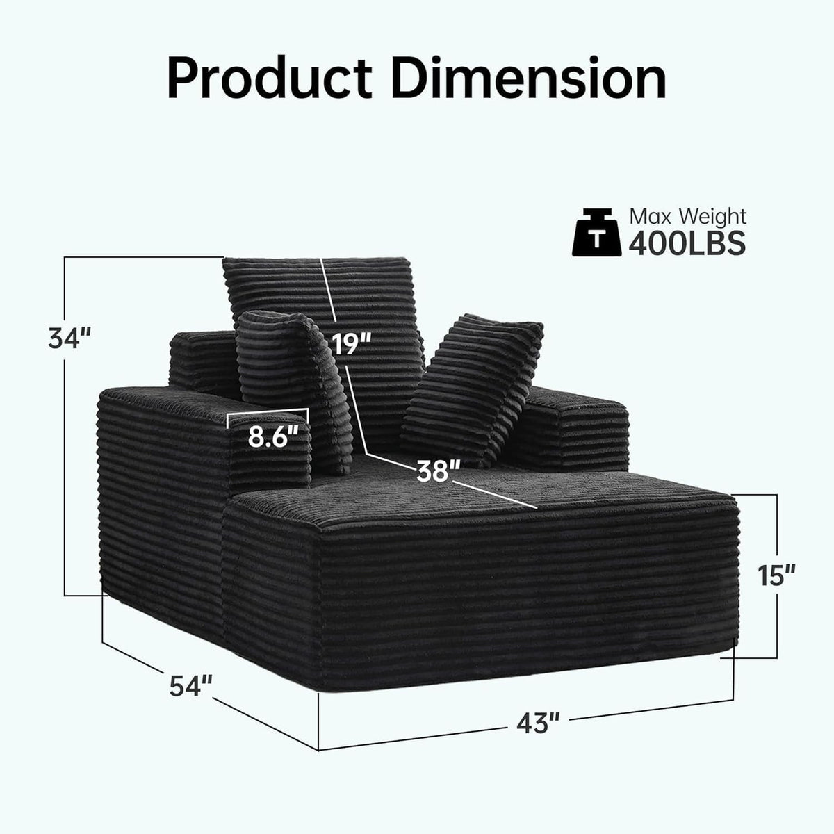 [Black] oversized corduroy chaise lounge chair — dimension diagram: 54"L × 43"W × 34"H, 38" seat depth, 400 lbs max capacity