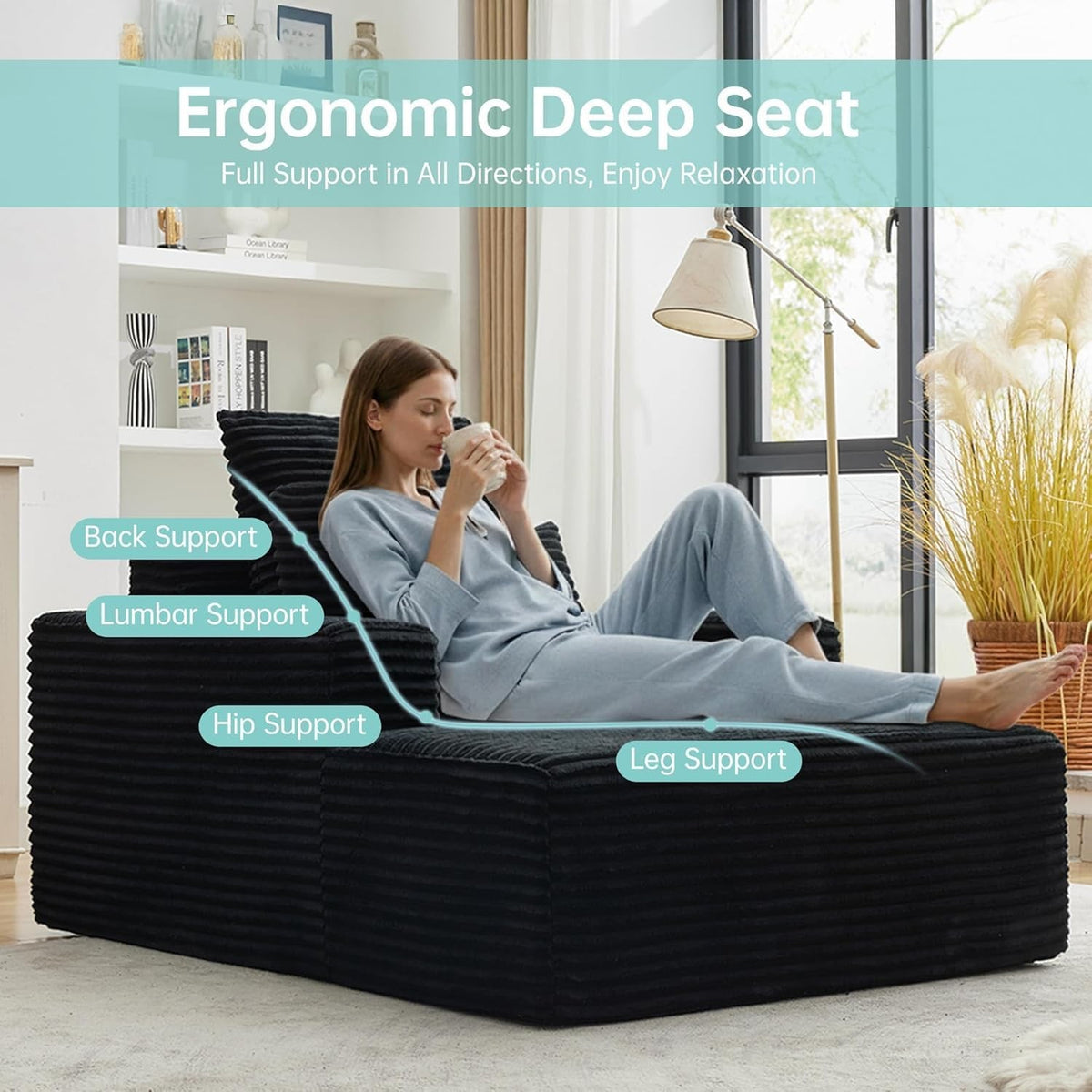 [Black] oversized corduroy chaise lounge chair — ergonomic deep seat with labeled back, lumbar, hip, and leg support zones