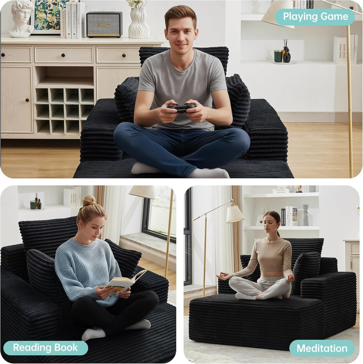 [Black] oversized corduroy chaise lounge chair — three lifestyle scenes: gaming, reading, and meditation