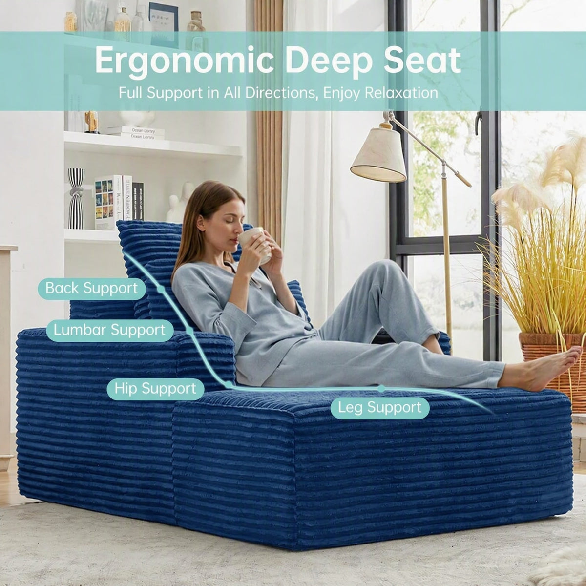 [Blue] oversized corduroy chaise lounge chair — ergonomic deep seat with labeled back, lumbar, hip, and leg support zones