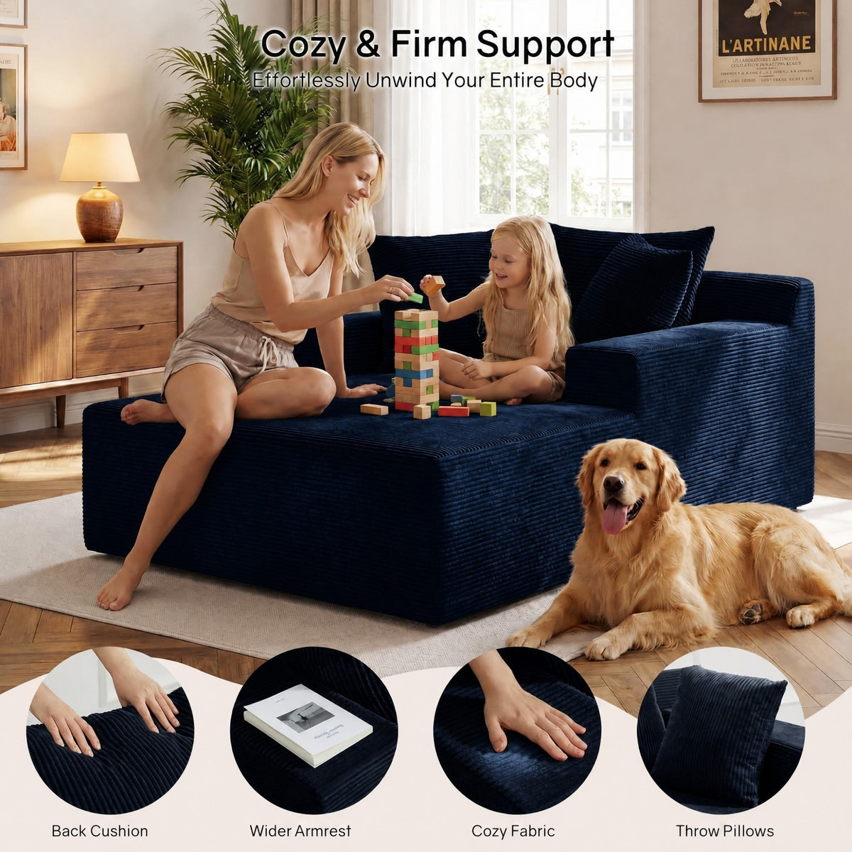 [Blue] oversized corduroy chaise lounge chair — family and pet lifestyle scene, with close-ups of back cushion, wide armrest, cozy fabric, and throw pillows