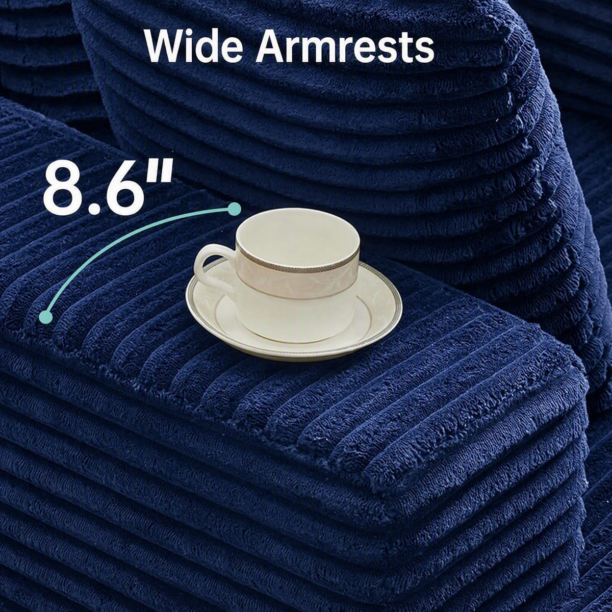 [Blue] oversized corduroy chaise lounge chair — 8.6" wide armrest close-up with teacup showing stable flat surface