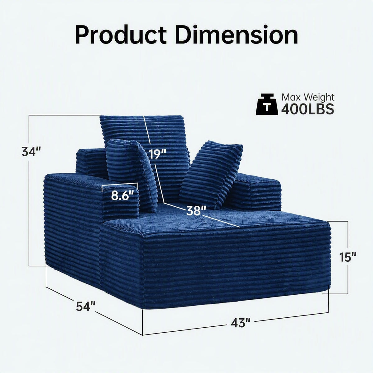 [Blue] oversized corduroy chaise lounge chair — dimension diagram: 54"L × 43"W × 34"H, 38" seat depth, 400 lbs max capacity