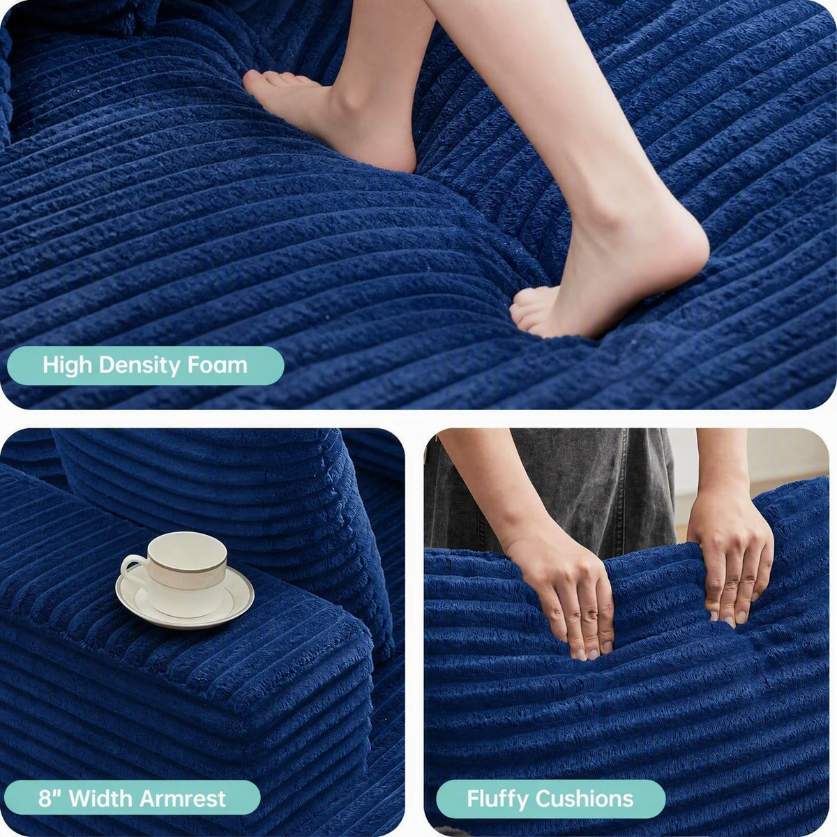 [Blue] oversized corduroy chaise lounge chair — high density foam cushion, 8" armrest, and fluffy corduroy texture detail shots