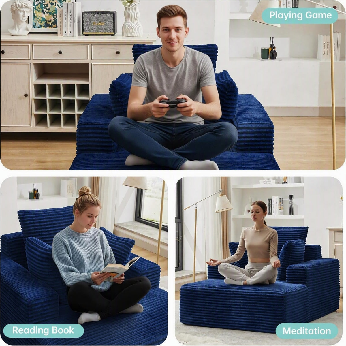 [Blue] oversized corduroy chaise lounge chair — three lifestyle scenes: gaming, reading, and meditation