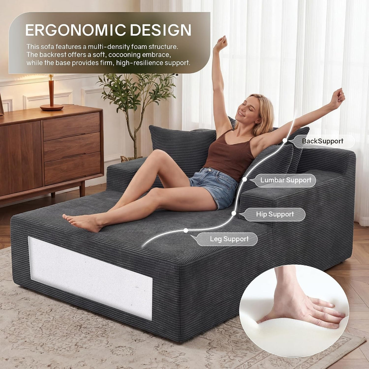 [Gray] oversized corduroy chaise lounge chair — ergonomic deep seat with labeled back, lumbar, hip, and leg support zones