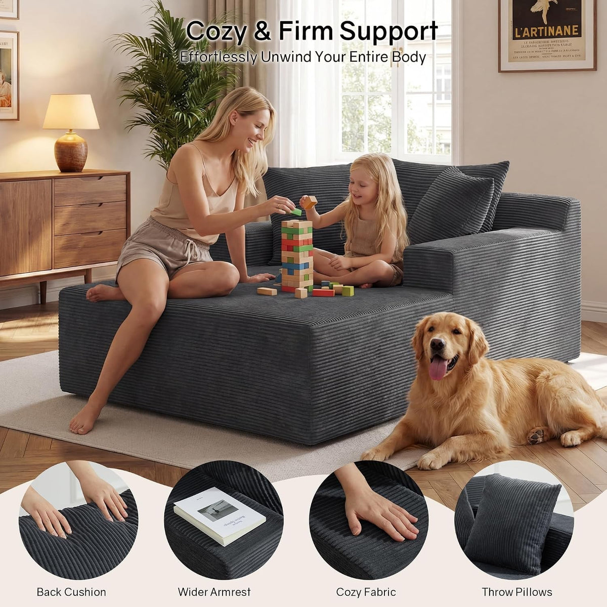 [Gray] oversized corduroy chaise lounge chair — family and pet lifestyle scene, with close-ups of back cushion, wide armrest, cozy fabric, and throw pillows