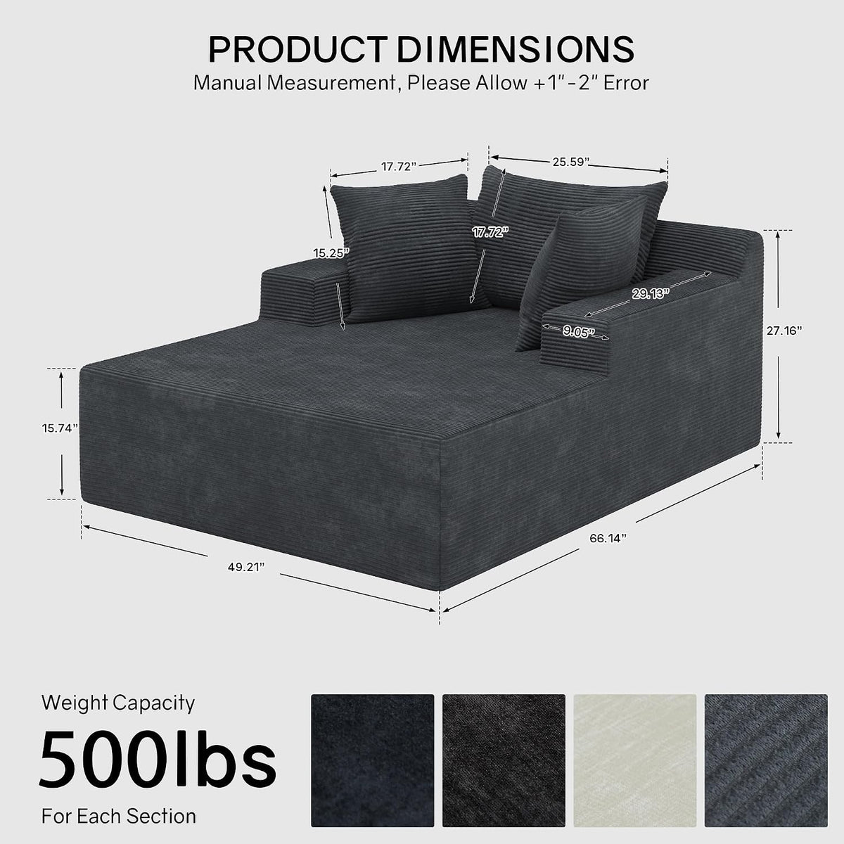 [Gray] oversized corduroy chaise lounge chair — product dimension diagram: 66.14"L × 49.21"W × 27.16"H, 500 lbs capacity per section, with four color swatches