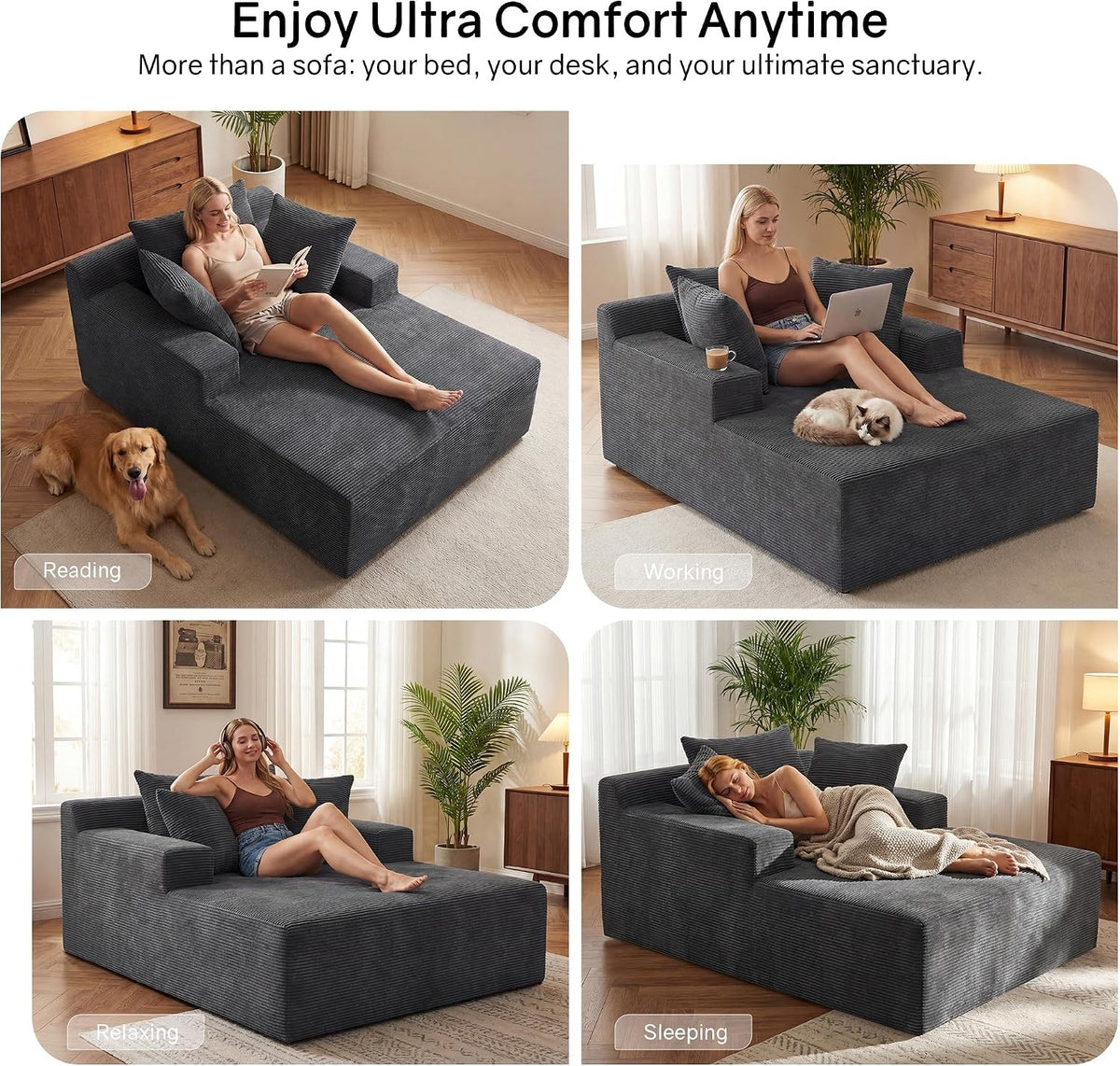 [Gray] oversized corduroy chaise lounge chair — four lifestyle scenes: reading with golden retriever, working with laptop and cat, relaxing with headphones, and sleeping with throw blanket