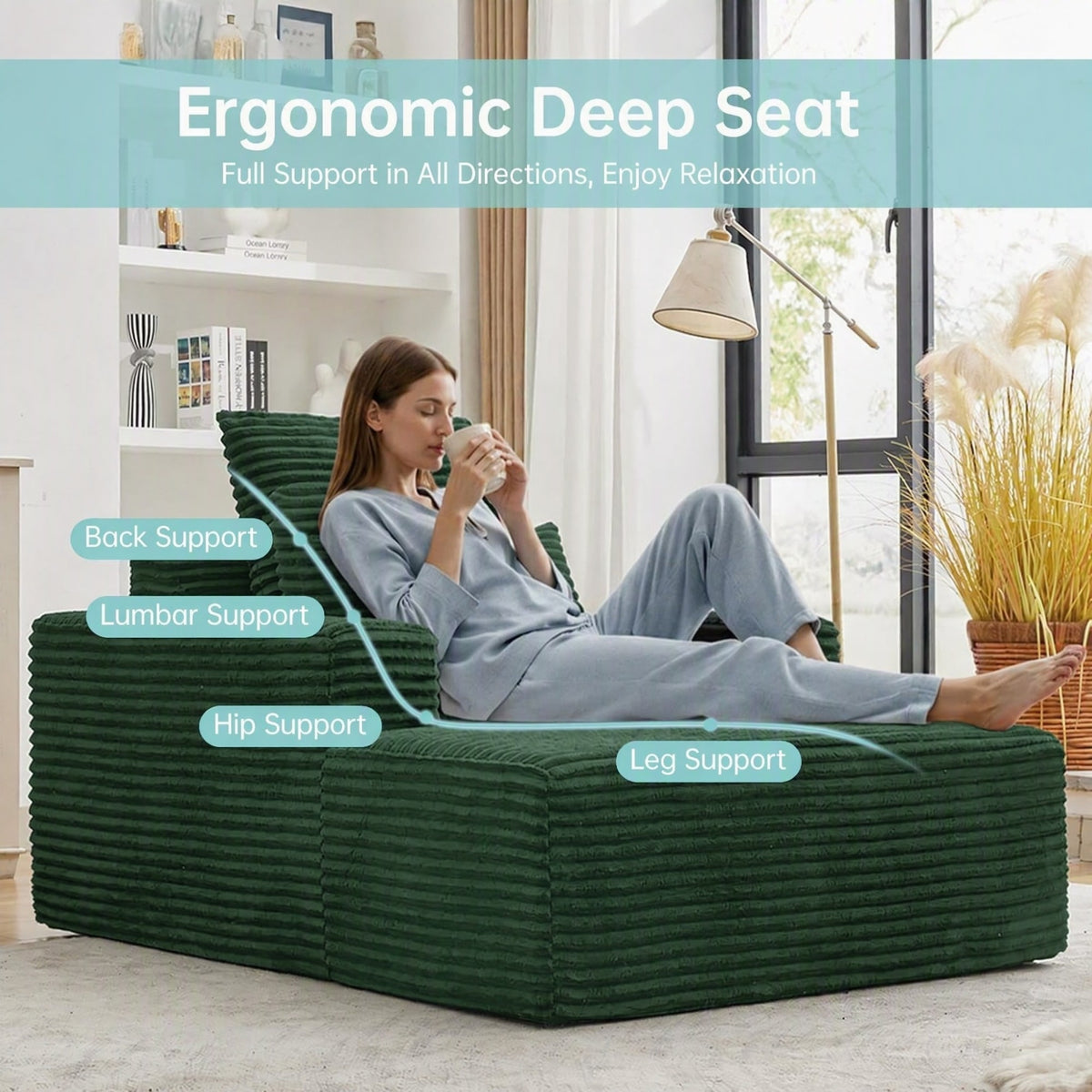 [Green] oversized corduroy chaise lounge chair — ergonomic deep seat with labeled back, lumbar, hip, and leg support zones