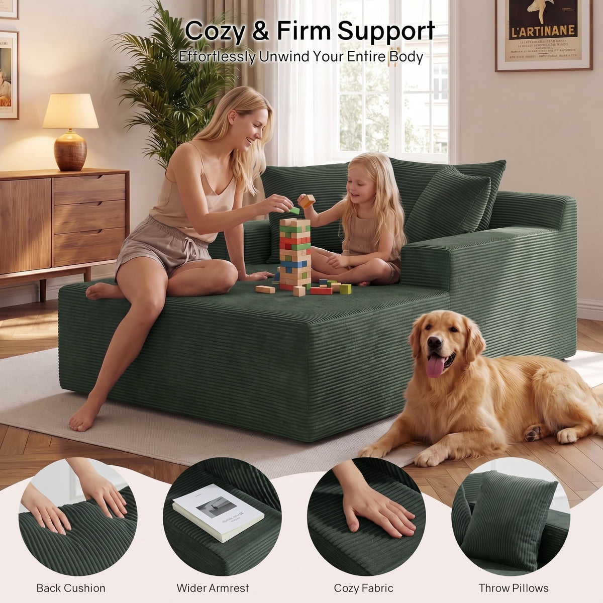 [Green] oversized corduroy chaise lounge chair — family and pet lifestyle scene, with close-ups of back cushion, wide armrest, cozy fabric, and throw pillows