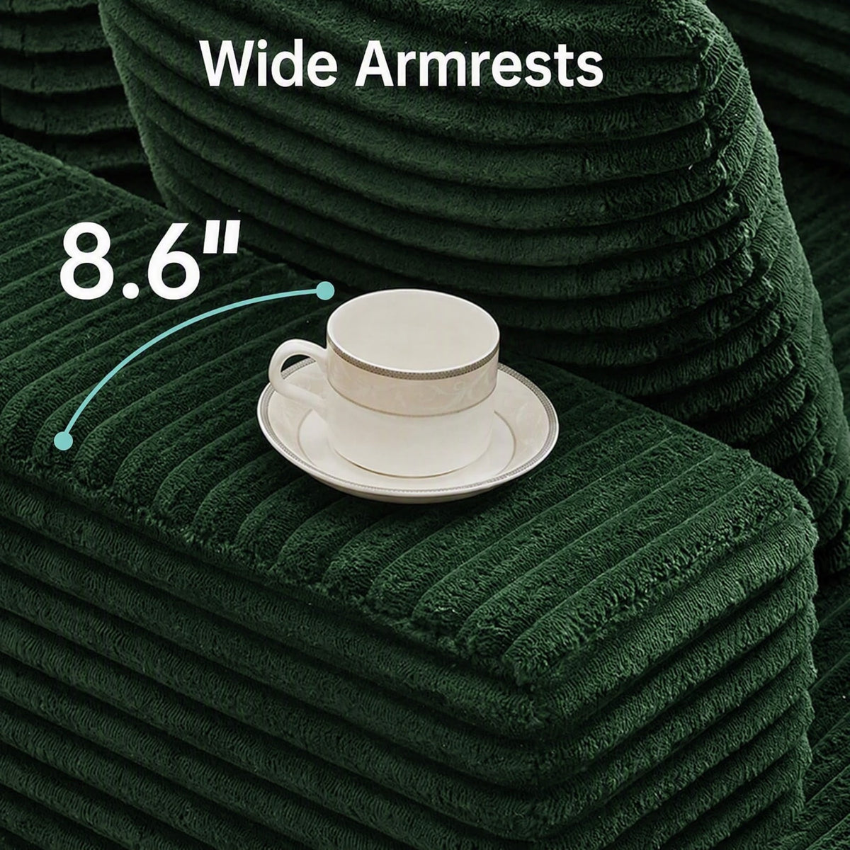 [Green] oversized corduroy chaise lounge chair — 8.6" wide armrest close-up with teacup showing stable flat surface