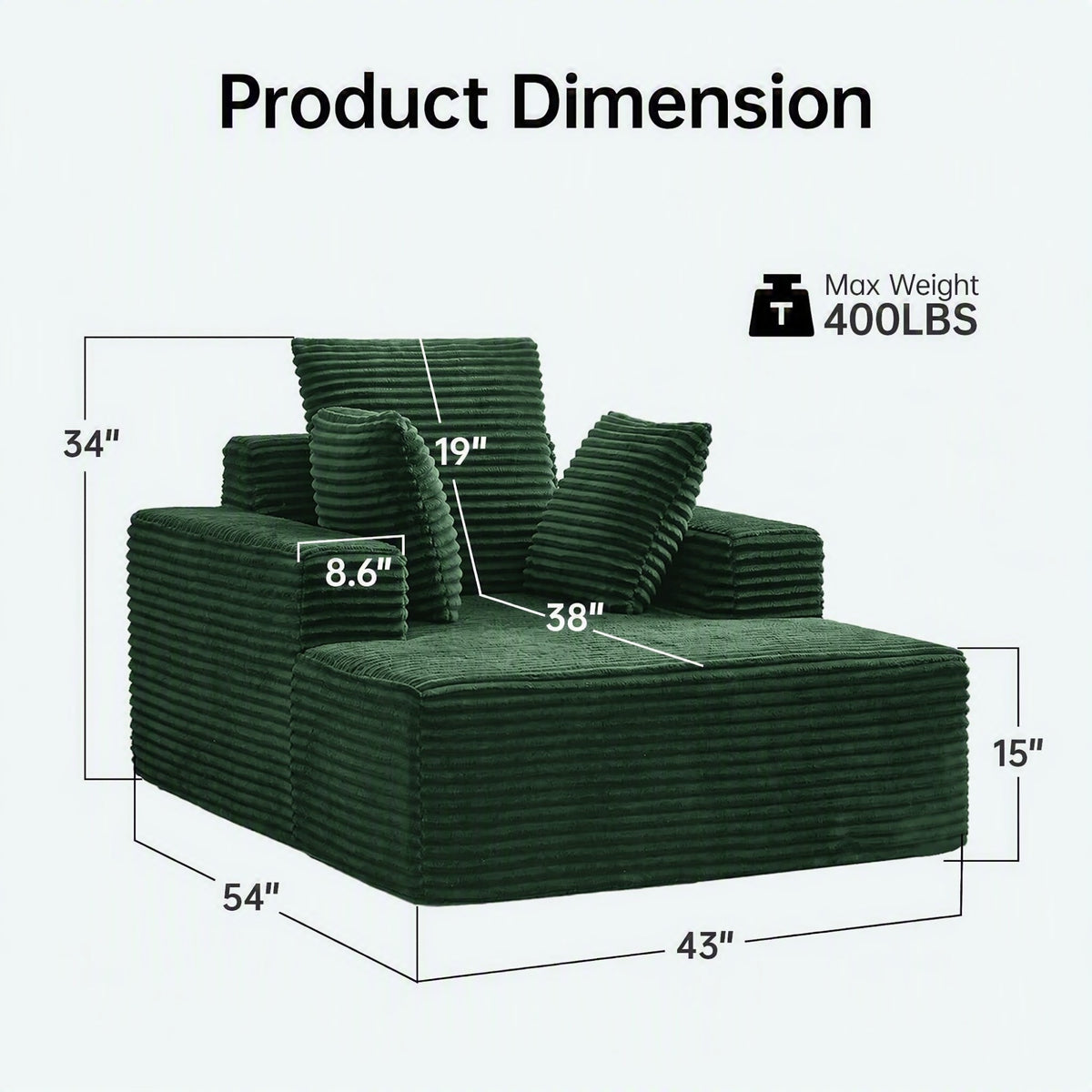 [Green] oversized corduroy chaise lounge chair — dimension diagram: 54"L × 43"W × 34"H, 38" seat depth, 400 lbs max capacity