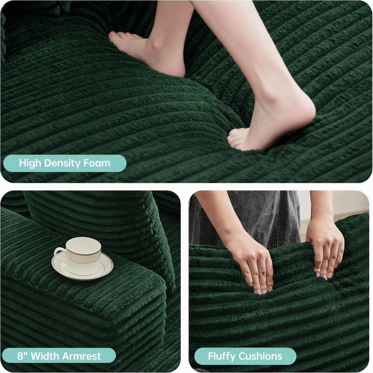 [Green] oversized corduroy chaise lounge chair — high density foam cushion, 8" armrest, and fluffy corduroy texture detail shots